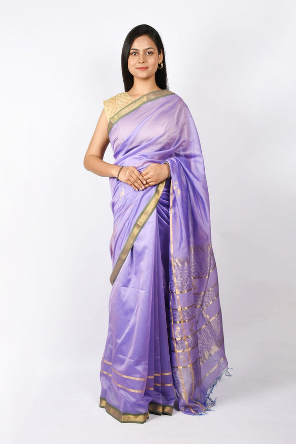 Beautiful Lavender Pure Cotton and Silk Handloom Maheshwari Plain Saree | Checks and Stripes Pallu & Zari Work
