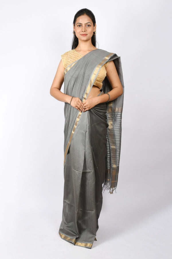Beautiful Grey Pure Cotton and Silk Handloom Maheshwari Plain Saree with Checks and Stripes Design,  and Zari Work