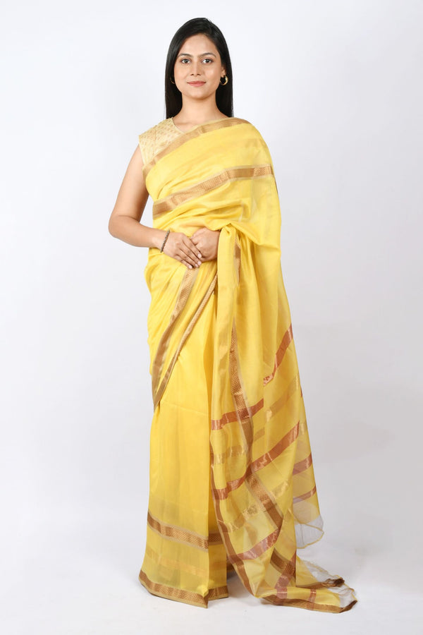 Beautiful Gold Color Pure Cotton and Silk Handloom Maheshwari Plain Saree | Checks and Stripes Pallu & Zari Work