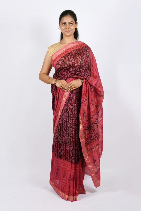 Red Color Pure Handwoven with Flower Motif Bagh Print Maheshwari Handloom Cotton & Silk Saree