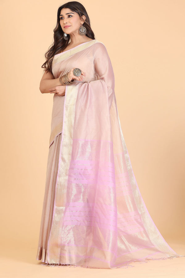 Lavender Pink Zari Line Maheshwari Tissue Pallu Saree