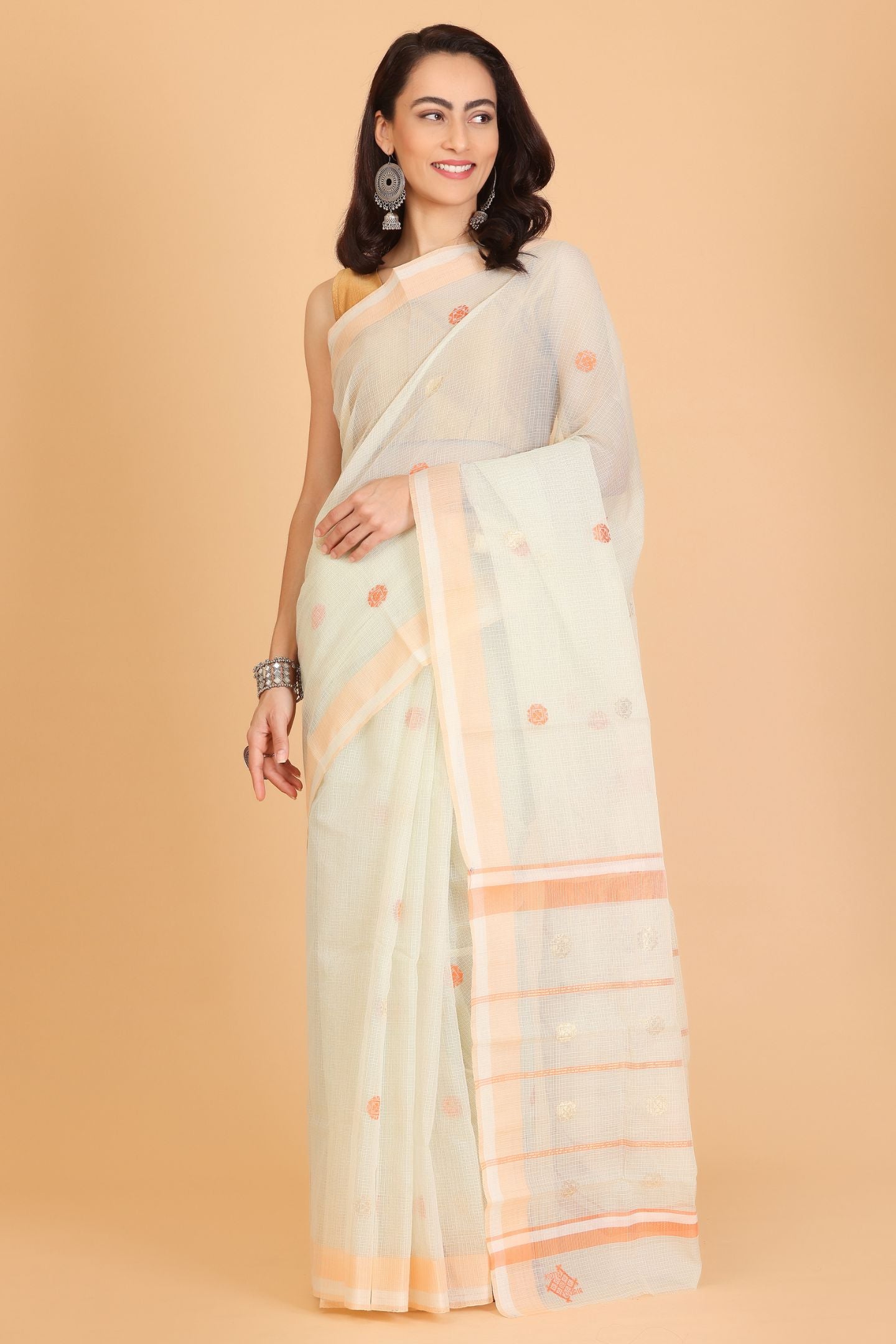 Light Green Handwoven Kota Doria Cotton Saree with Floral Art Motif