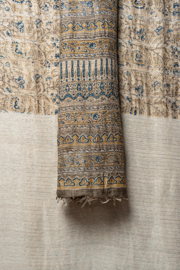 Bhagalpur Handwoven Saree with Floral Motifs, Natural Dyes, and Delicate Intricately Designed Borders with Contrasting Accents