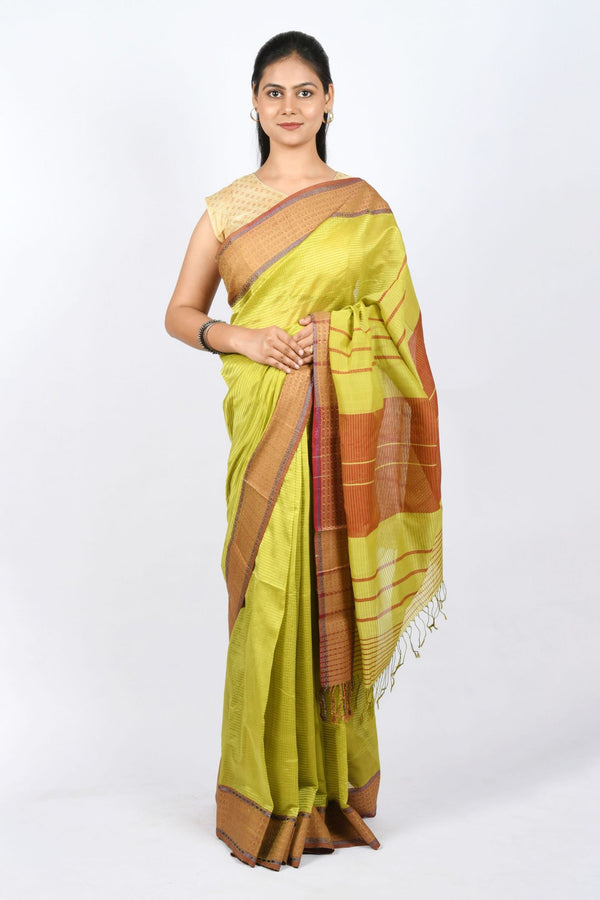 Beautiful Pure Cotton and Silk Handloom Maheshwari Gold Saree with Zari Stripes Work Pallu