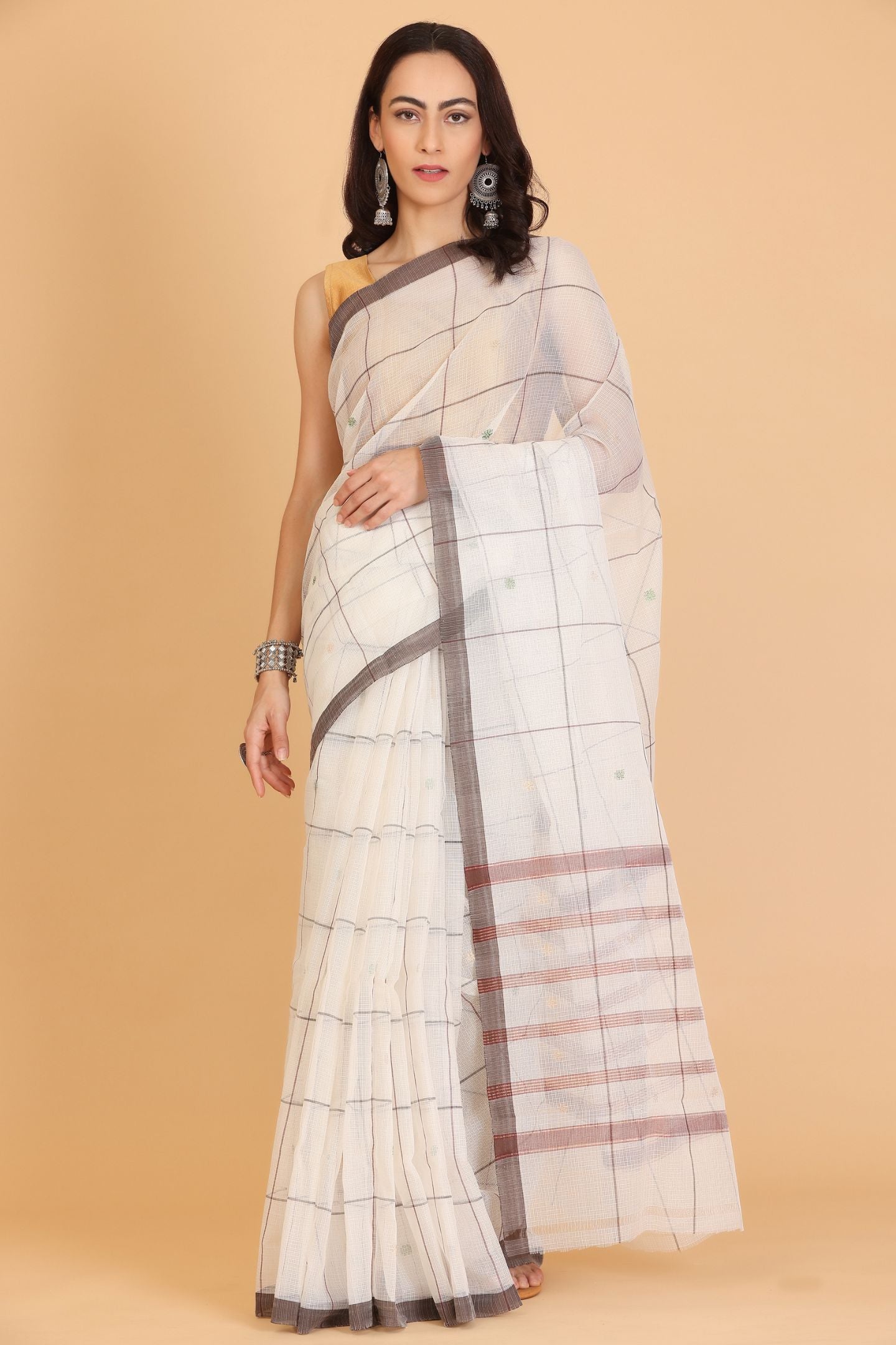 White Handwoven Kota Doria Cotton Saree with Small Green Buti