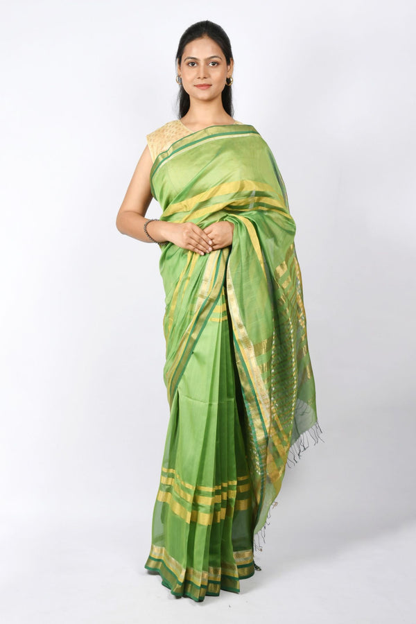 Beautiful Green Pure Cotton and Silk Handloom Maheshwari Plain Saree | Checks and Stripes Pallu & Zari Work