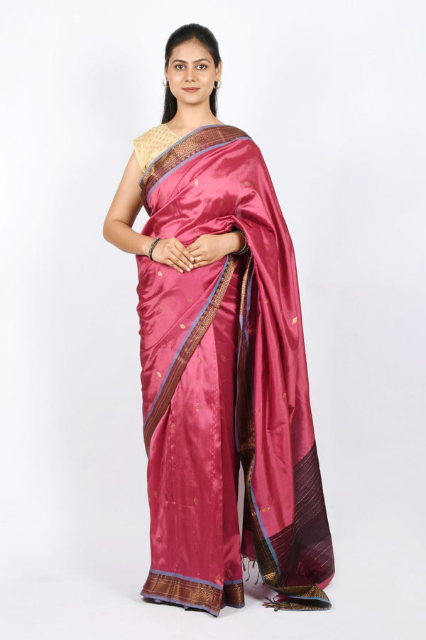 Pure Silk Handwoven Pink Blue Maheshwari Saree with Zari Stripes and Buti Work on pallu
