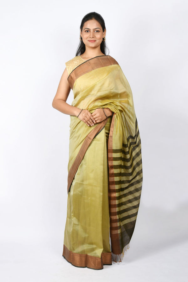 Beautiful Olive Green Pure Cotton and Silk Handloom Maheshwari Plain Saree | Checks and Stripes Pallu & Zari Work