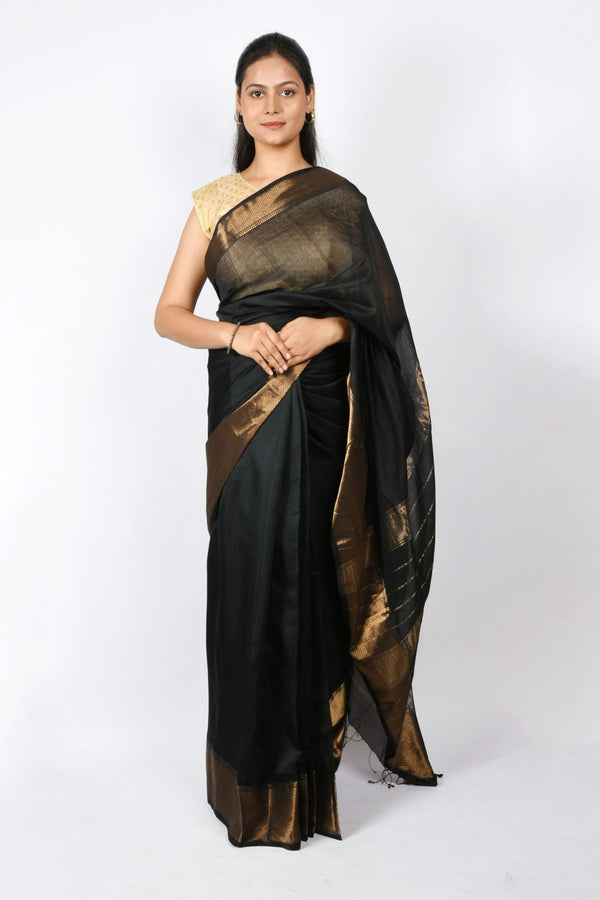 Beautiful Black Pure Cotton and Silk Handloom Maheshwari Plain Saree | Checks and Stripes Pallu & Zari Work