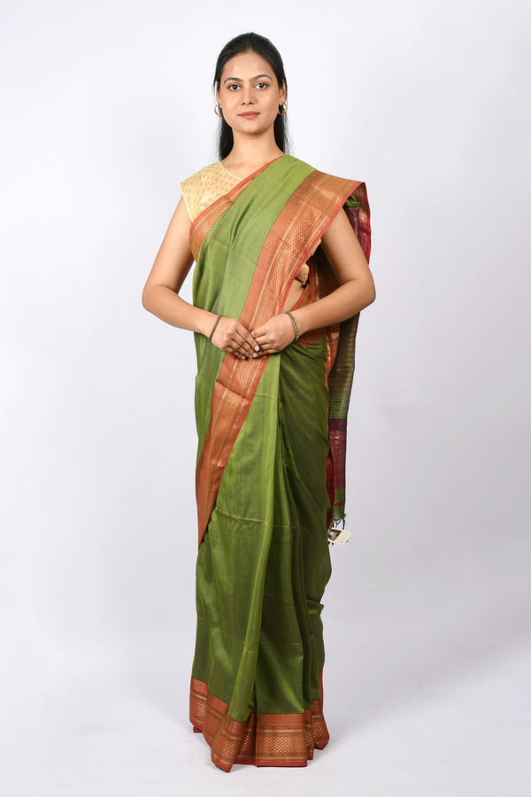 Beautiful Olive Green Pure Cotton and Silk Handloom Maheshwari Saree with Stripes and Checks Work on Pallu