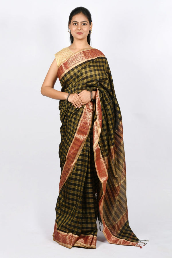 Beautiful Black Color Pure Cotton and Silk Handloom Maheshwari Saree with Stripes and Checks Work on Pallu