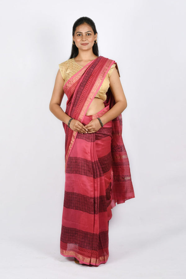 Cotton and Silk Pink Stripes and Check Motif with Ornamental and Flower Pallu Bagh Print Maheshwari Handloom Saree with Included Blouse