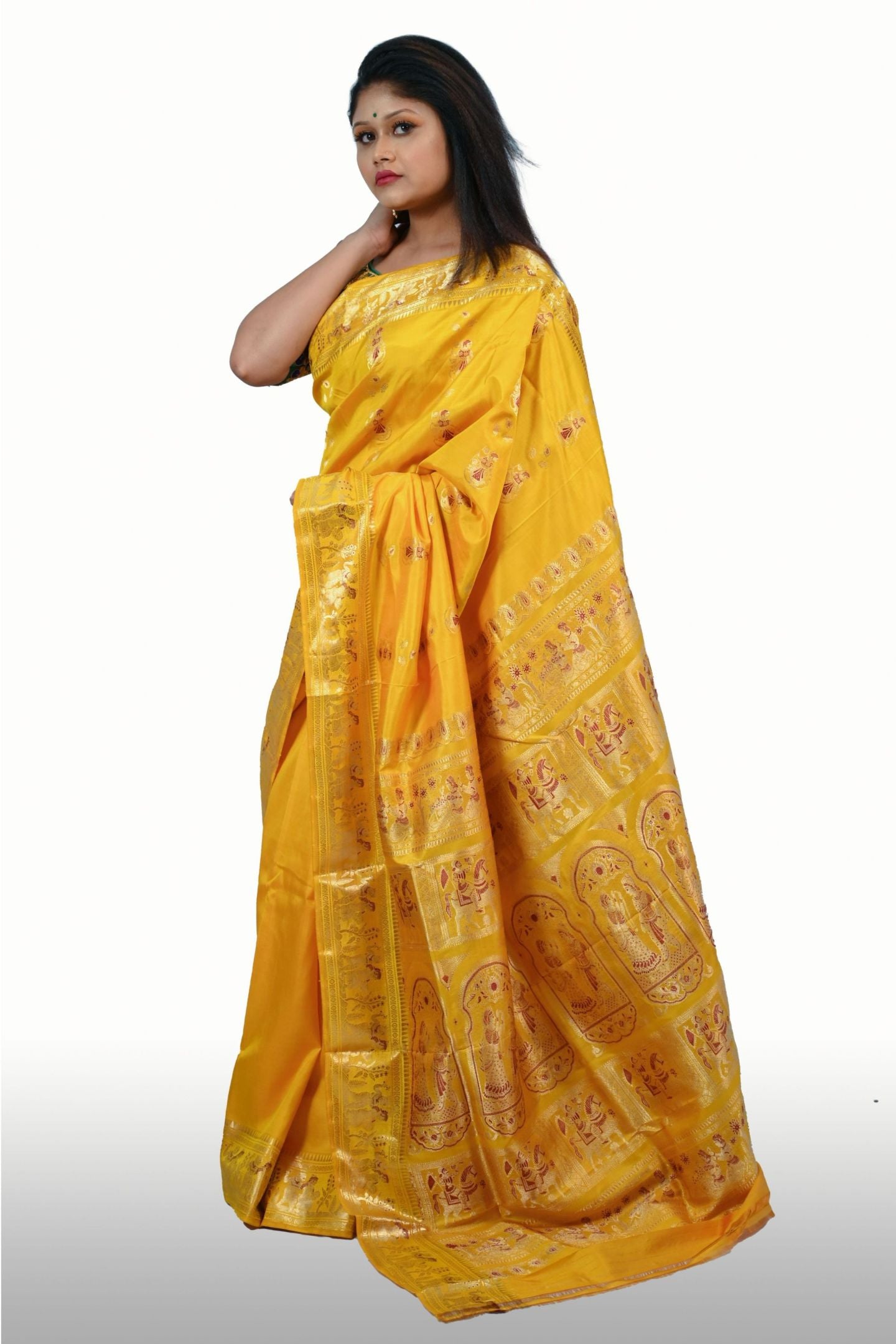 Dark Yellow Color Baluchari Silk Saree | Silk sarees online, Silk sarees, Baluchari  saree