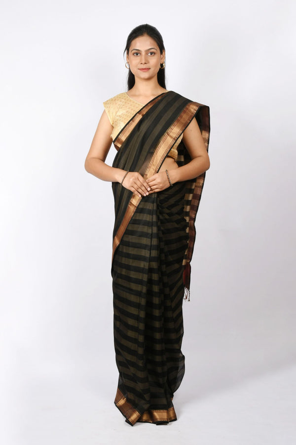 Beautiful Black shade Pure Cotton and Silk Handloom Maheshwari Plain Saree with Checks Design, Buti, and Zari Work on Pallu