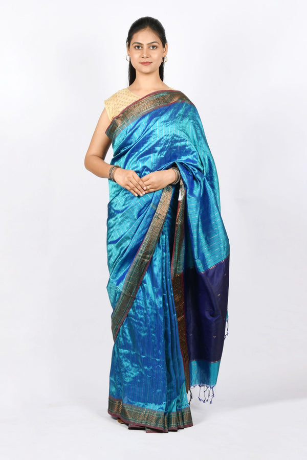 Pure Silk Handwoven Royal Blue Maheshwari Handloom Silk Saree with Gold Zari Border and Pallu