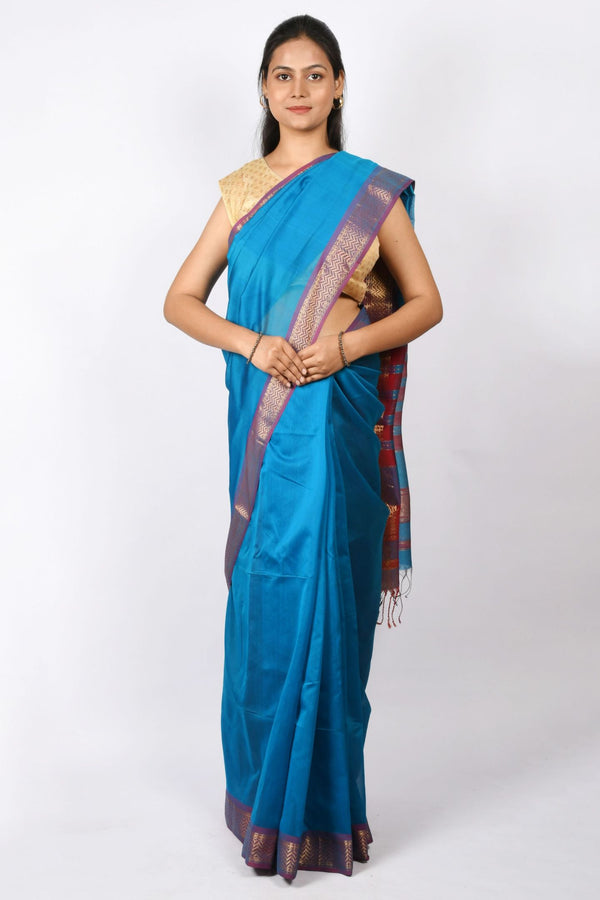 Beautiful Royal Blue Pure Cotton and Silk Handloom Maheshwari Plain Saree with Check Design and Zari Work on Pallu