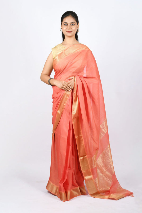 Beautiful Peach Color Pure Cotton and Silk Handloom Maheshwari Saree with Stripes Work on Pallu
