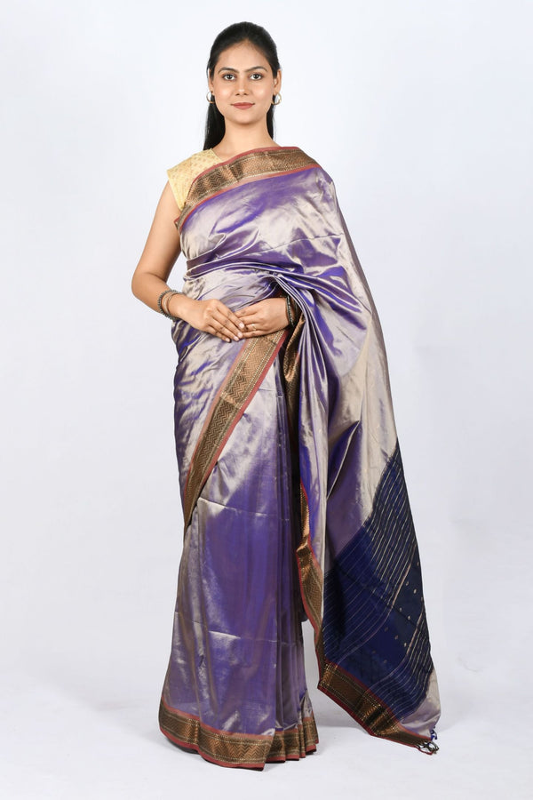 Pure Silk Handwoven Blue Maheshwari Handloom Silk Saree with Gold Zari Border and Pallu
