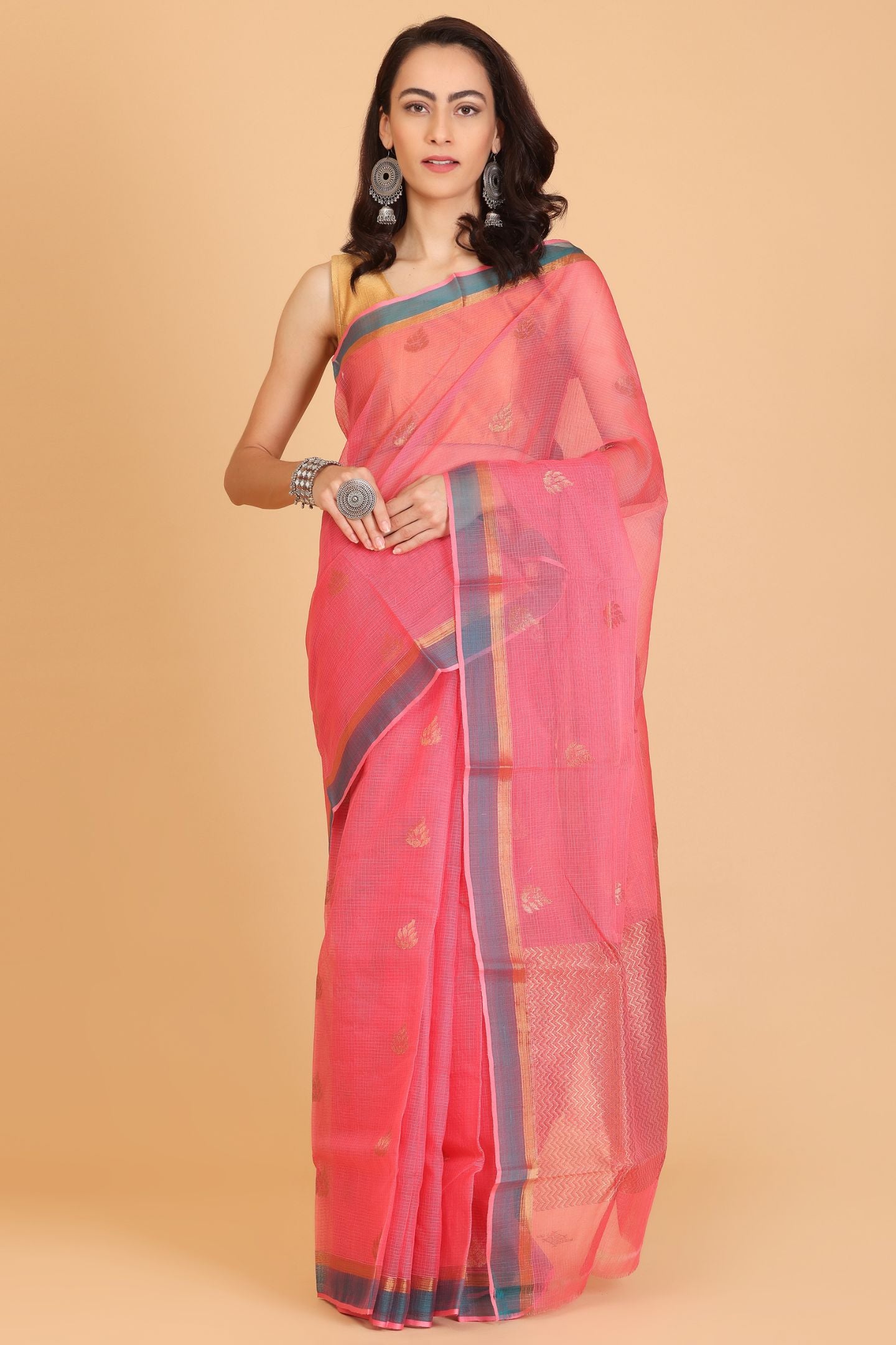 Red Handwoven Kota Doria Cotton Saree with Floral Art Motif