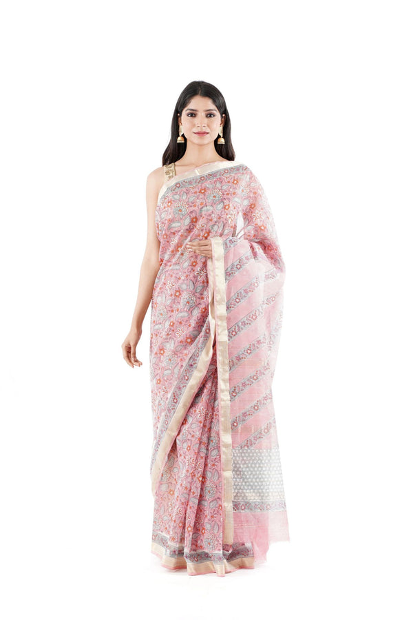 Light pink floral handblock printed Maheshwari saree with thin brown color border with gold zari