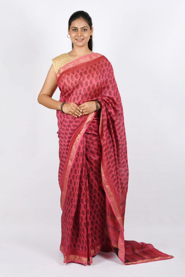 Pink Color Pure Handwoven with Flower Motif Bagh Print Maheshwari Handloom Cotton & Silk Saree