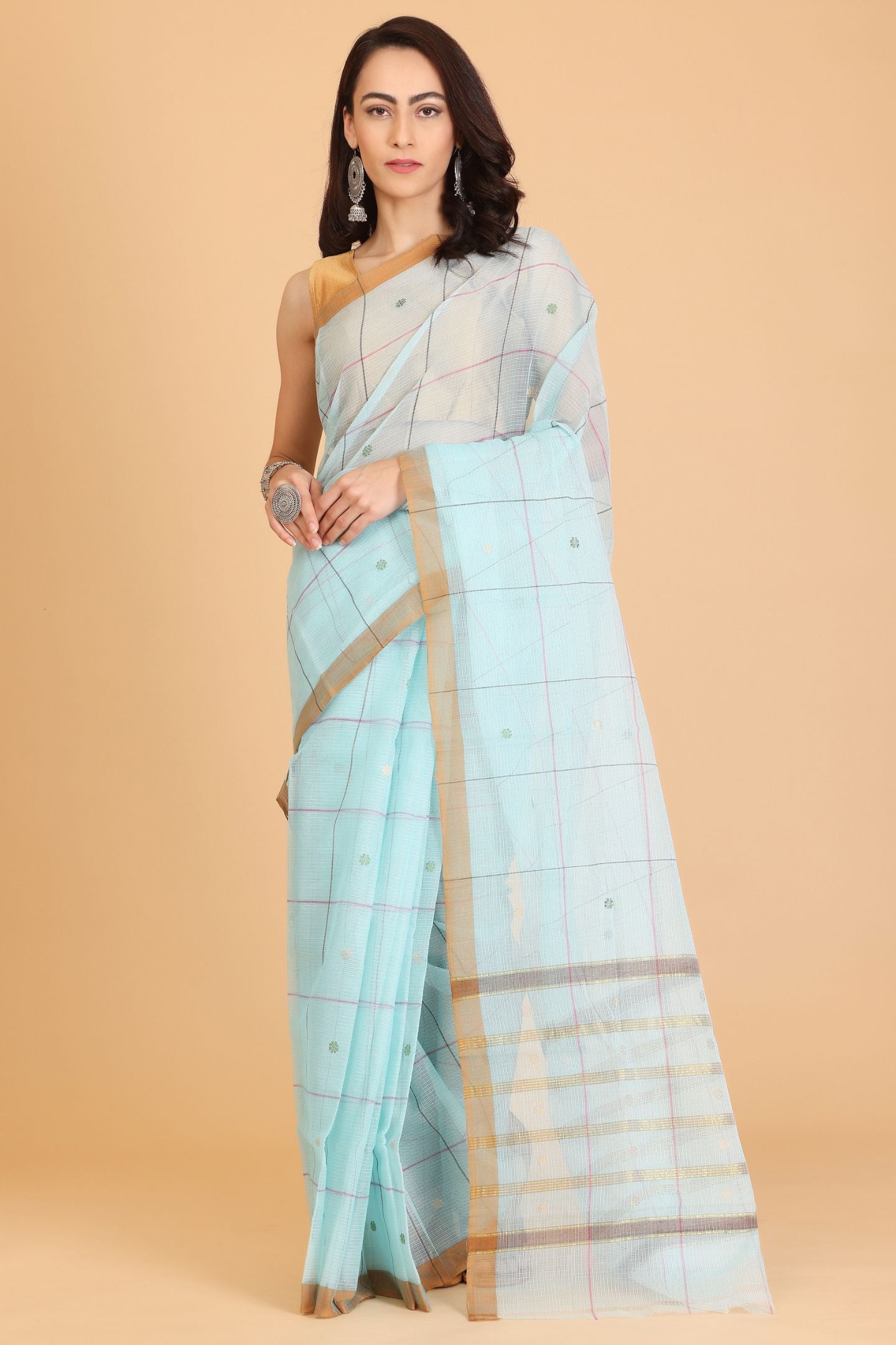 Blue Handwoven Kota Doria Cotton Saree with Small Buti
