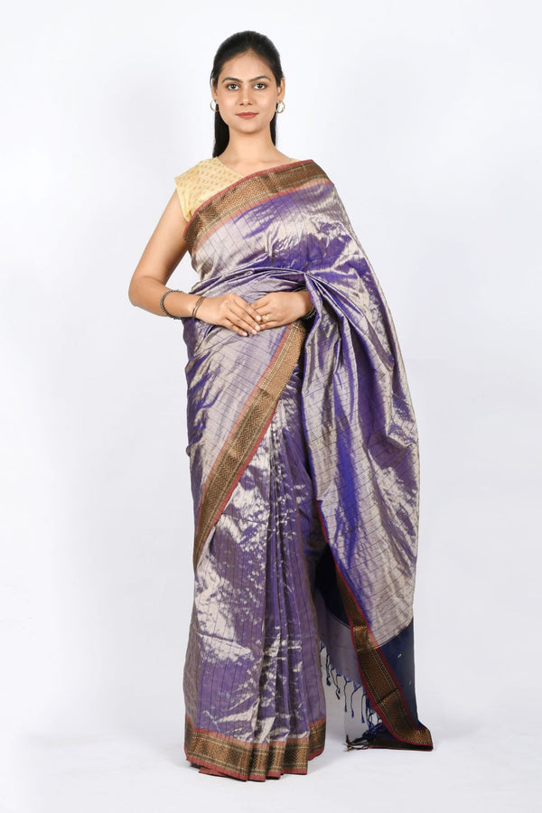 Pure Silk Handwoven Lavender Maheshwari Saree with Zari Line Stripes and Buti Work on pallu