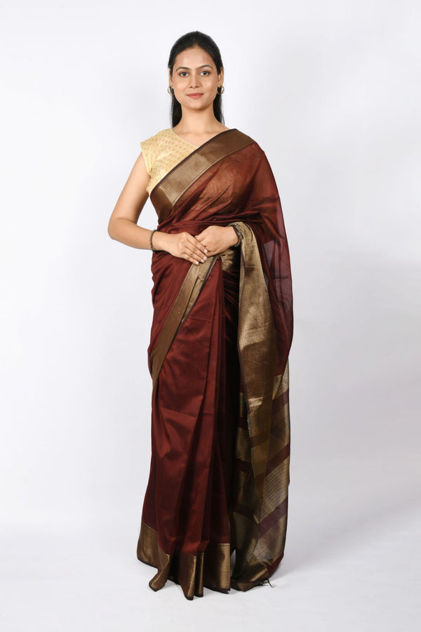 Beautiful Maroon Pure Cotton and Silk Handloom Maheshwari Plain Saree | Checks and Stripes Pallu & Zari Work
