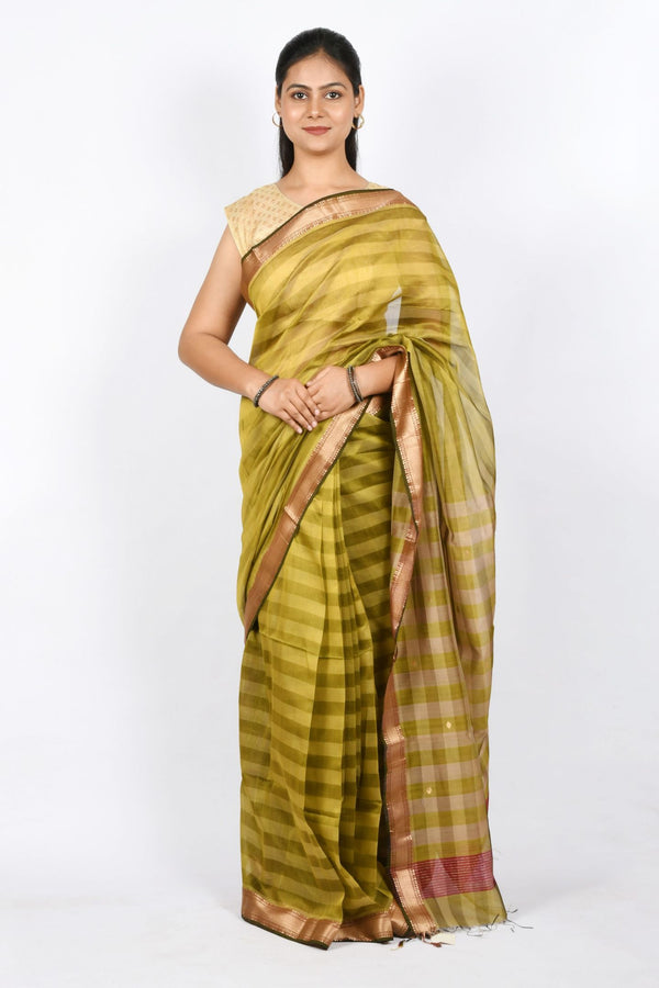 Beautiful Light Green Shade Pure Cotton and Silk Handloom Maheshwari Saree with Stripes and Checks with Buti Work on Pallu