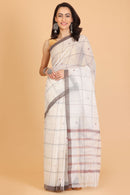 White Handwoven Kota Doria Cotton Saree with Small Grey Buti