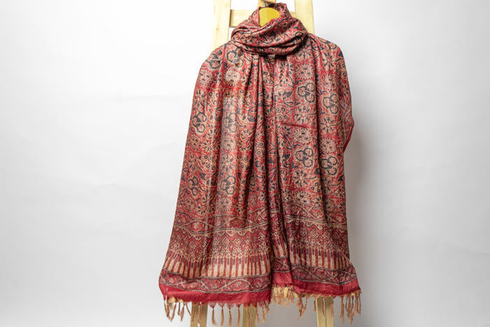 Handwoven Stole with Floral Motifs, Natural Dyes, and Ornate Detailed Borders