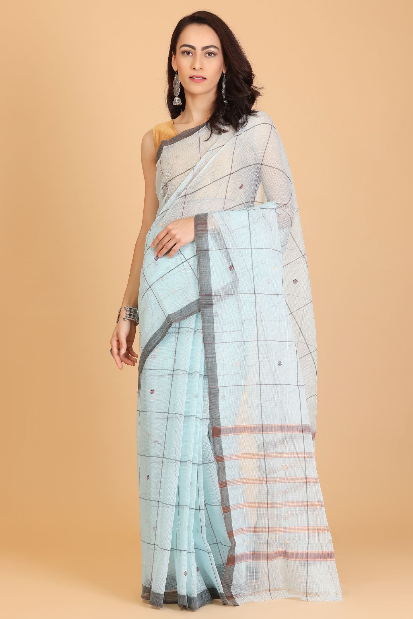 Light Blue Handwoven Kota Doria Cotton Saree with Small Buti