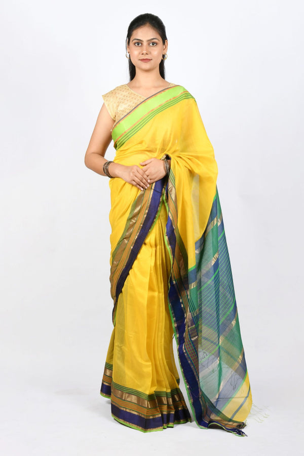 Beautiful Pure Cotton and Silk Handloom Maheshwari Saree with Blue, Green and Gold Stripes Pallu