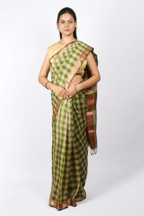 Beautiful Light Green Pure Cotton and Silk Handloom Maheshwari Plain Saree with Checks and Stripes Design,  and Zari Work