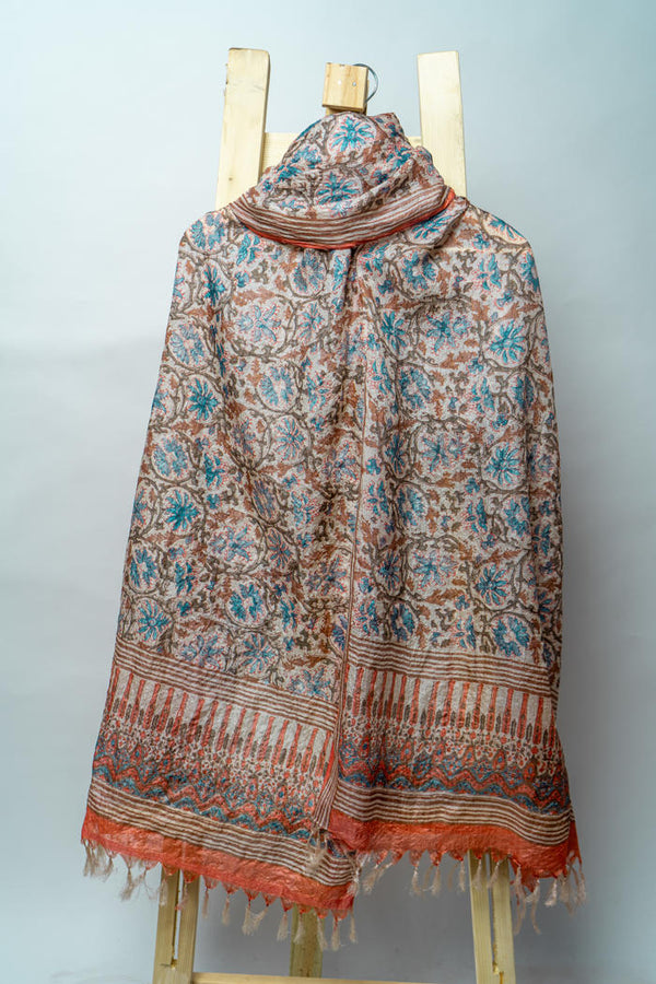 Handwoven Stole with Floral Motifs, Natural Dyes, and Ornate Striped Borders