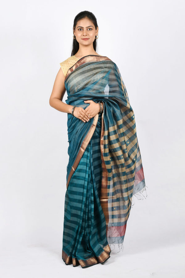 Beautiful Pure Cotton and Silk Handloom Maheshwari Saree with Stripes and Buti Work on Pallu