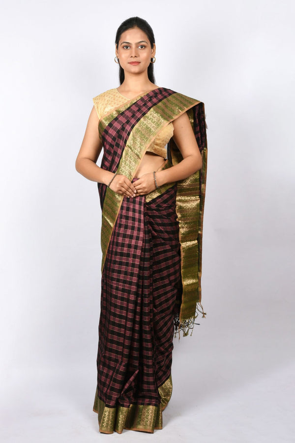 Beautiful Black Shade Pure Cotton and Silk Handloom Maheshwari Saree with Stripes and Checks Work on Pallu