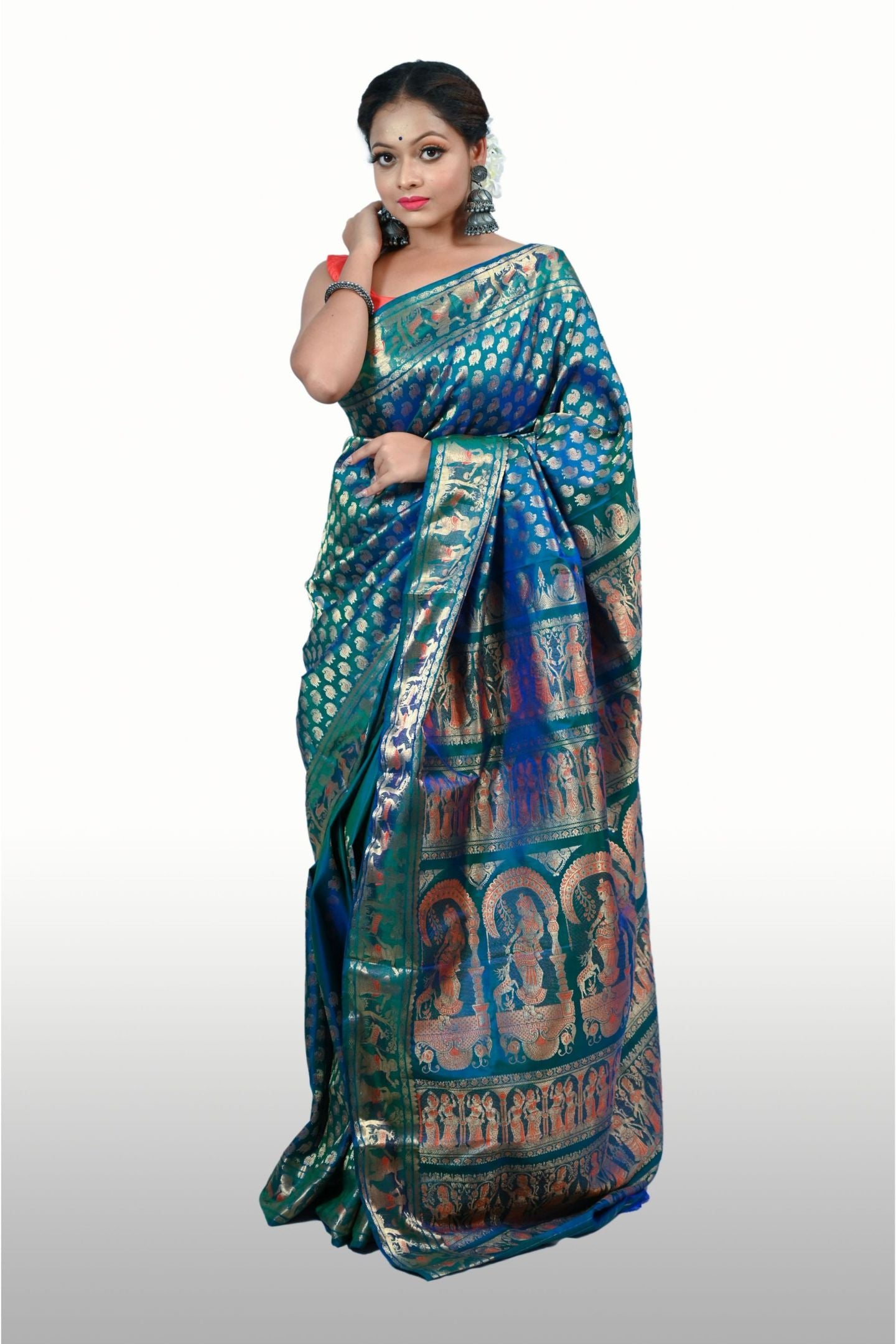 Gold Zari and Silk Temple Design Baluchari Saree
