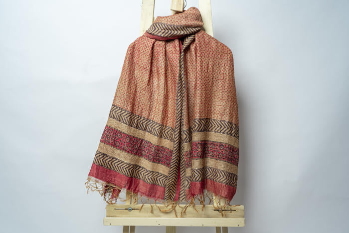 Handwoven Stole with Floral Prints, Stripes and Bold Ornamental Borders