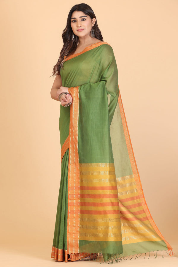 Diya border Maheshwari Cotton and Silk Green Saree