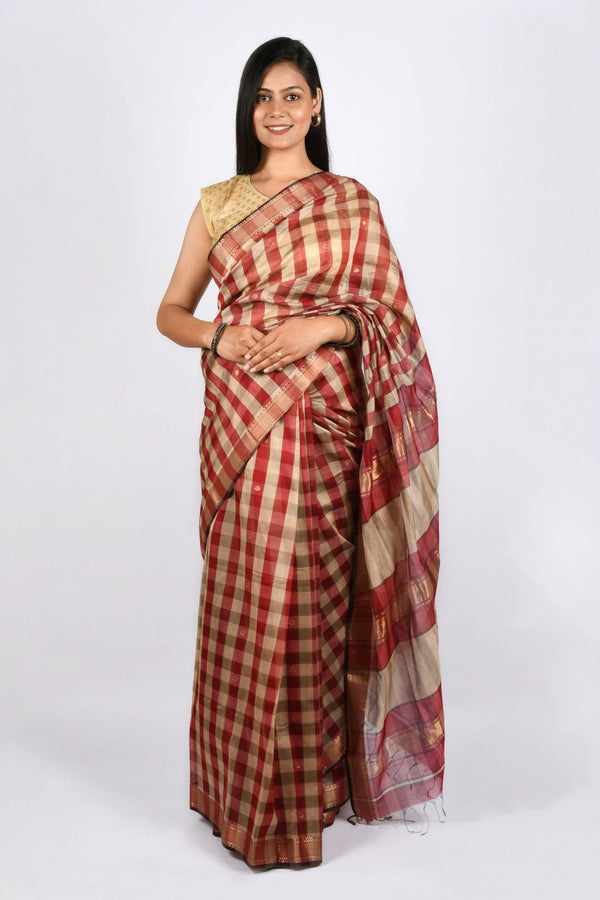 Genuine Very Light Brown and Red Checks with Buti Work Maheshwari Traditional Cotton/Silk Handloom Saree