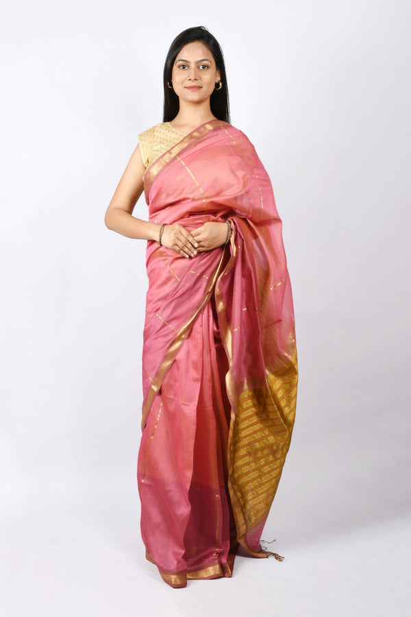 Beautiful Pink Pure Cotton and Silk Handloom Maheshwari Plain Saree | Checks and Stripes Pallu & Zari Work