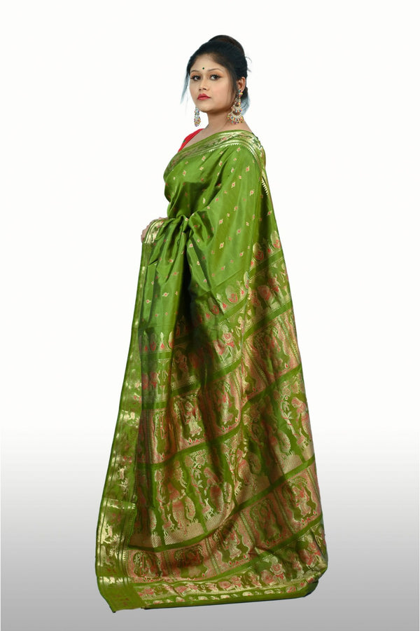 Gold Zari 1000 Buti Green Baluchari Saree Including Blouse Piece