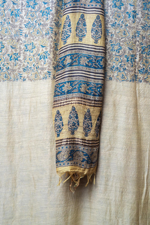 Bhagalpur Handwoven Saree with Floral Motifs, Natural Dyes, and Minimal Striped Borders