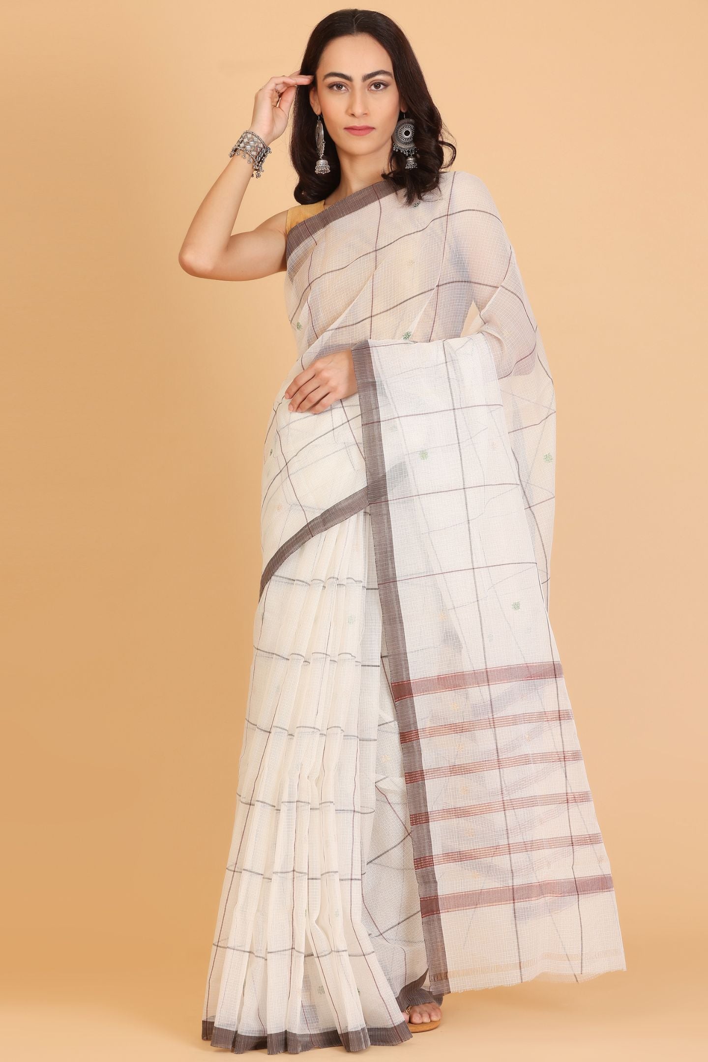 White Handwoven Kota Doria Cotton Saree with Small Green Buti