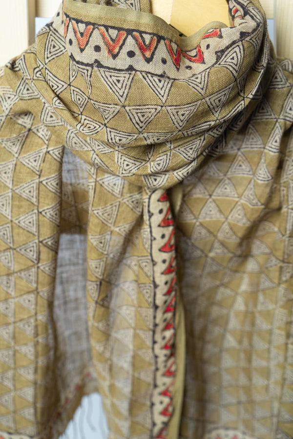 Handwoven Stole with Geometric Triangle Patterns, Natural Dyes, and Dark-Accented Decorative Borders