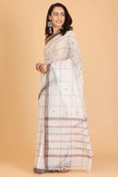 White Handwoven Kota Doria Cotton Saree with Small Grey Buti