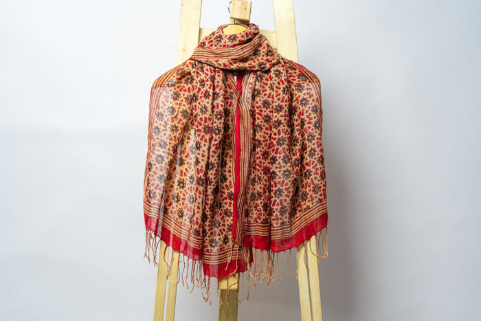 Handwoven Stole with Floral Patterns, Crafted Using Natural Dyes and Striped Borders