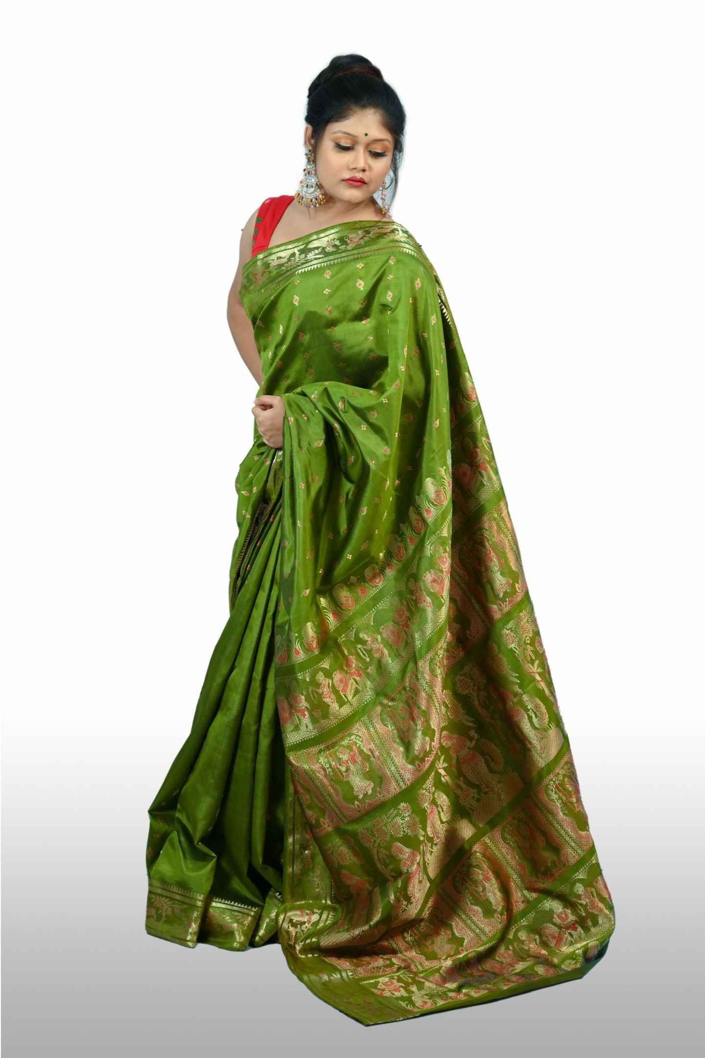 Gold Zari 1000 Buti Green Baluchari Saree Including Blouse Piece