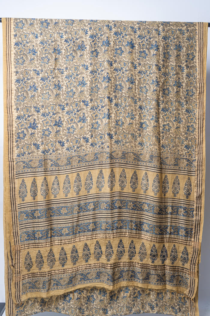 Bhagalpur Handwoven Saree with Floral Motifs, Natural Dyes, and Minimal Striped Borders